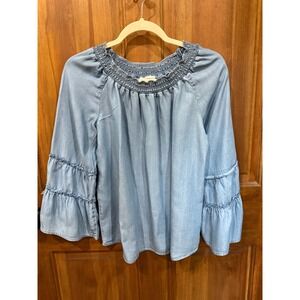 Justice Plus Size 20 Denim‎ Chambray Smocked Off Shoulder Bell Sleeve Top